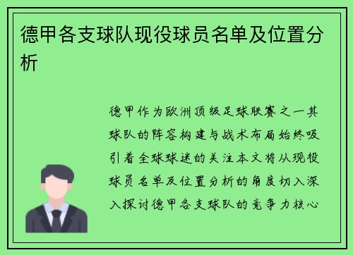 德甲各支球队现役球员名单及位置分析
