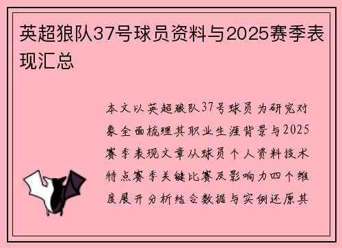 英超狼队37号球员资料与2025赛季表现汇总