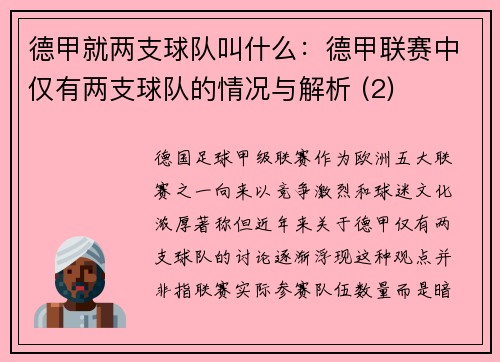 德甲就两支球队叫什么：德甲联赛中仅有两支球队的情况与解析 (2)